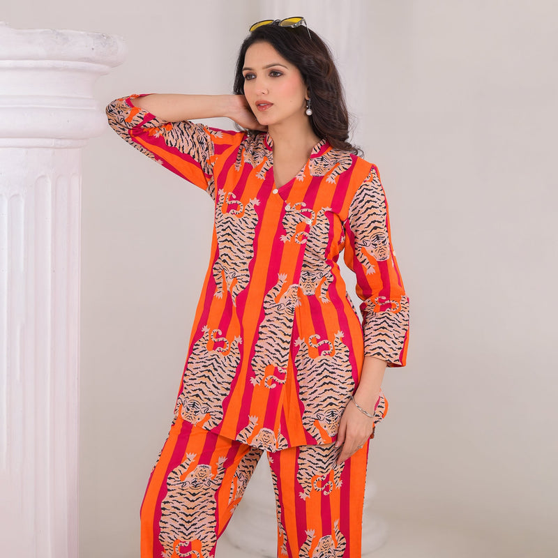 Tiger Print Orange Cotton Co-Ord Set