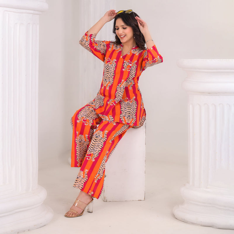 Tiger Print Orange Cotton Co-Ord Set