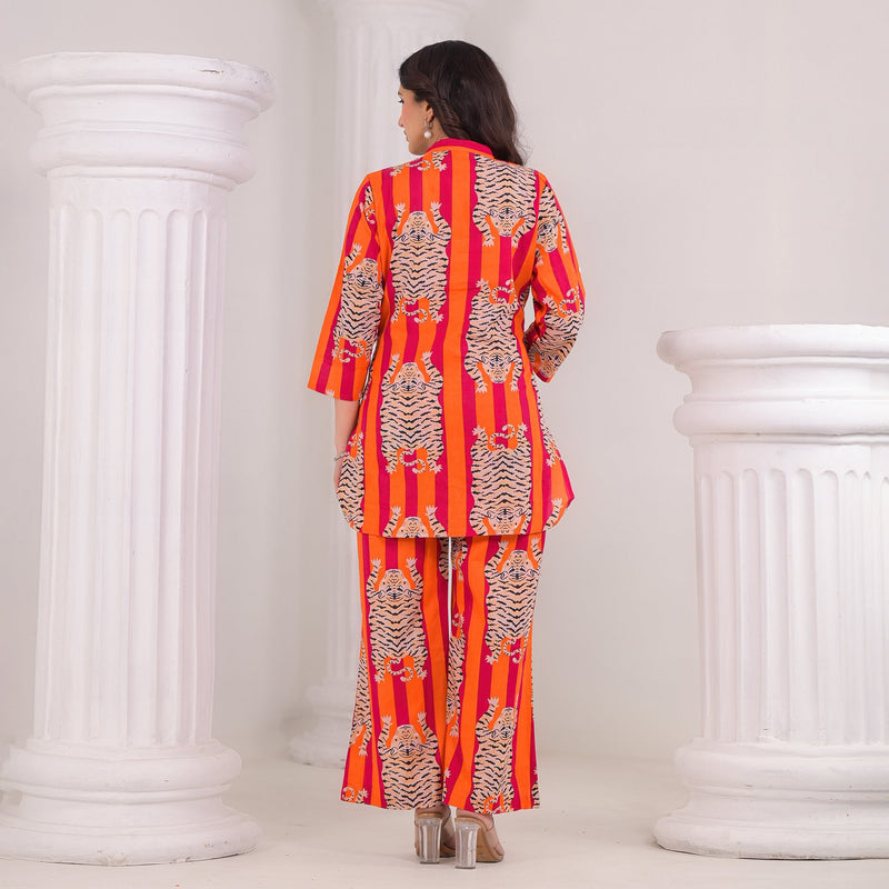 Tiger Print Orange Cotton Co-Ord Set