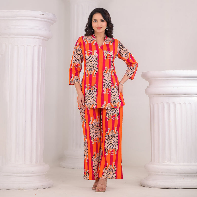 Tiger Print Orange Cotton Co-Ord Set