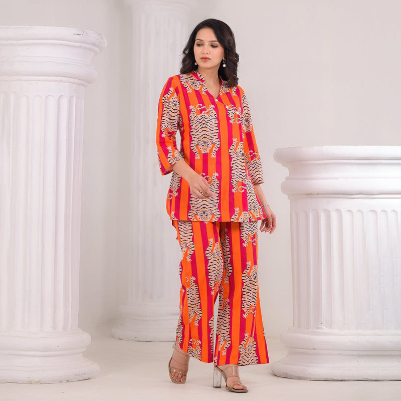 Tiger Print Orange Cotton Co-Ord Set