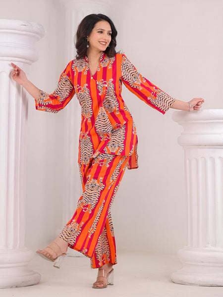 Tiger Print Orange Cotton Co-Ord Set