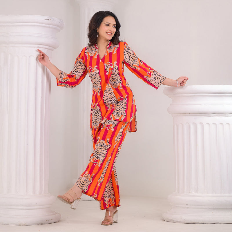 Tiger Print Orange Cotton Co-Ord Set