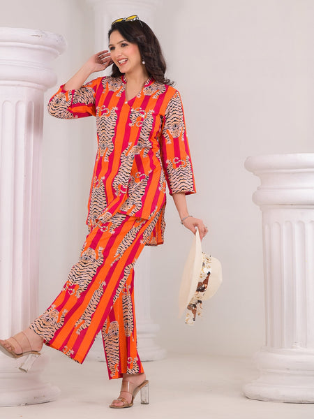 Tiger Print Orange Cotton Co-Ord Set