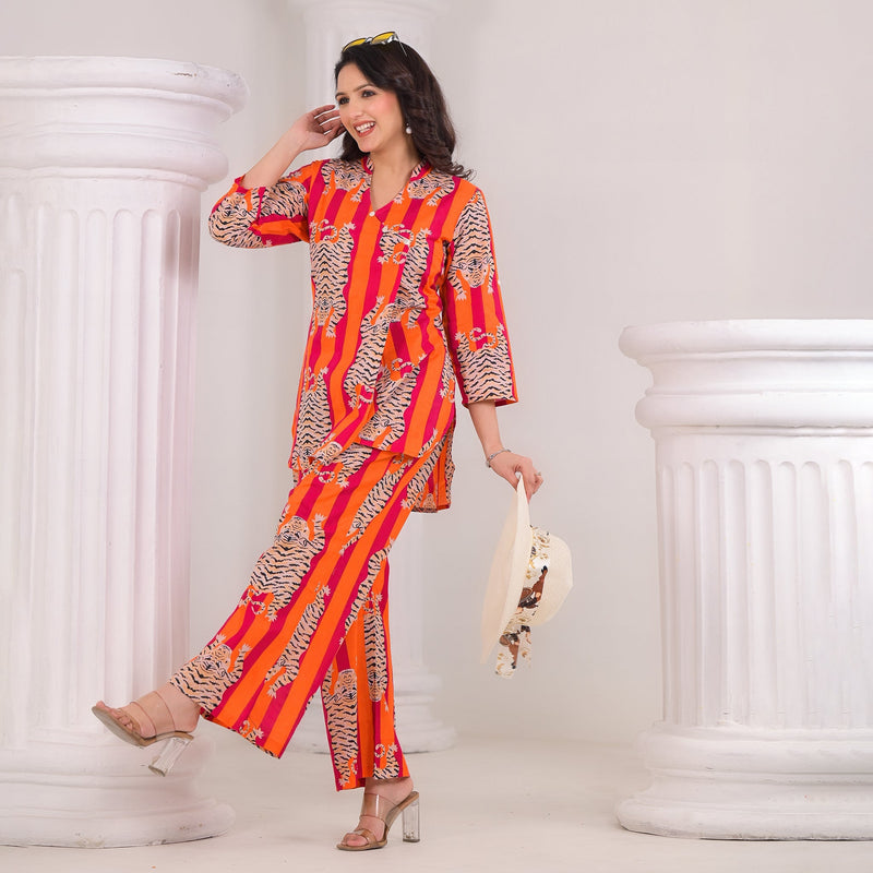 Tiger Print Orange Cotton Co-Ord Set