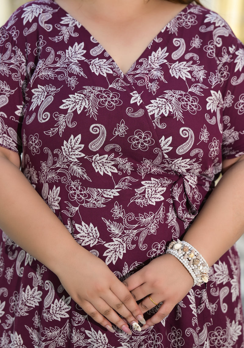 Maroon Rayon Printed V-Neck Dress (Plus Size)