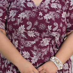 Maroon Rayon Printed V-Neck Dress (Plus Size)