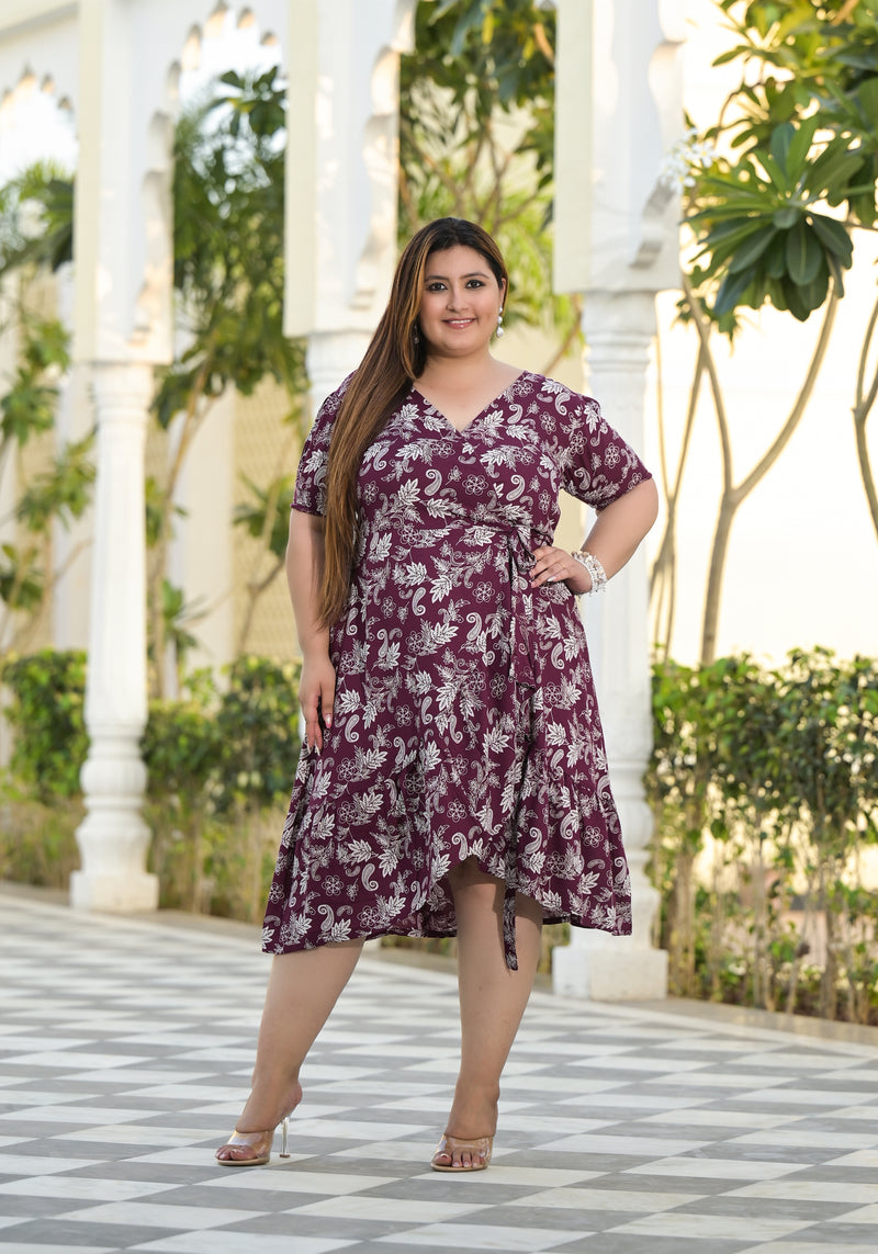 Maroon Rayon Printed V-Neck Dress (Plus Size)