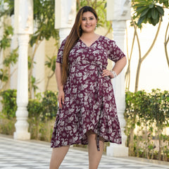 Maroon Rayon Printed V-Neck Dress (Plus Size)
