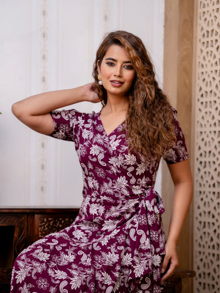 Maroon Blossom Midi Dress