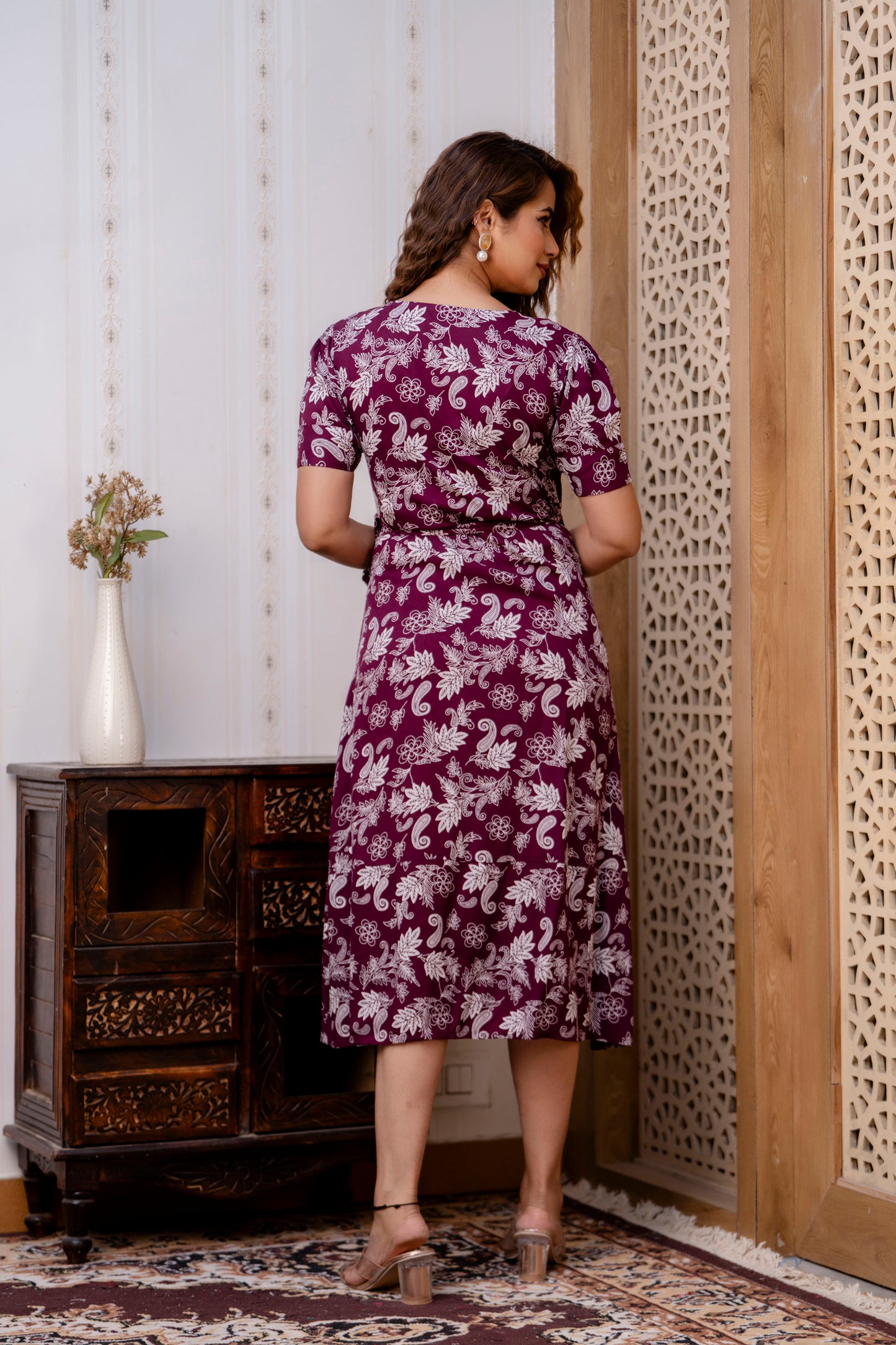 Maroon Blossom Midi Dress