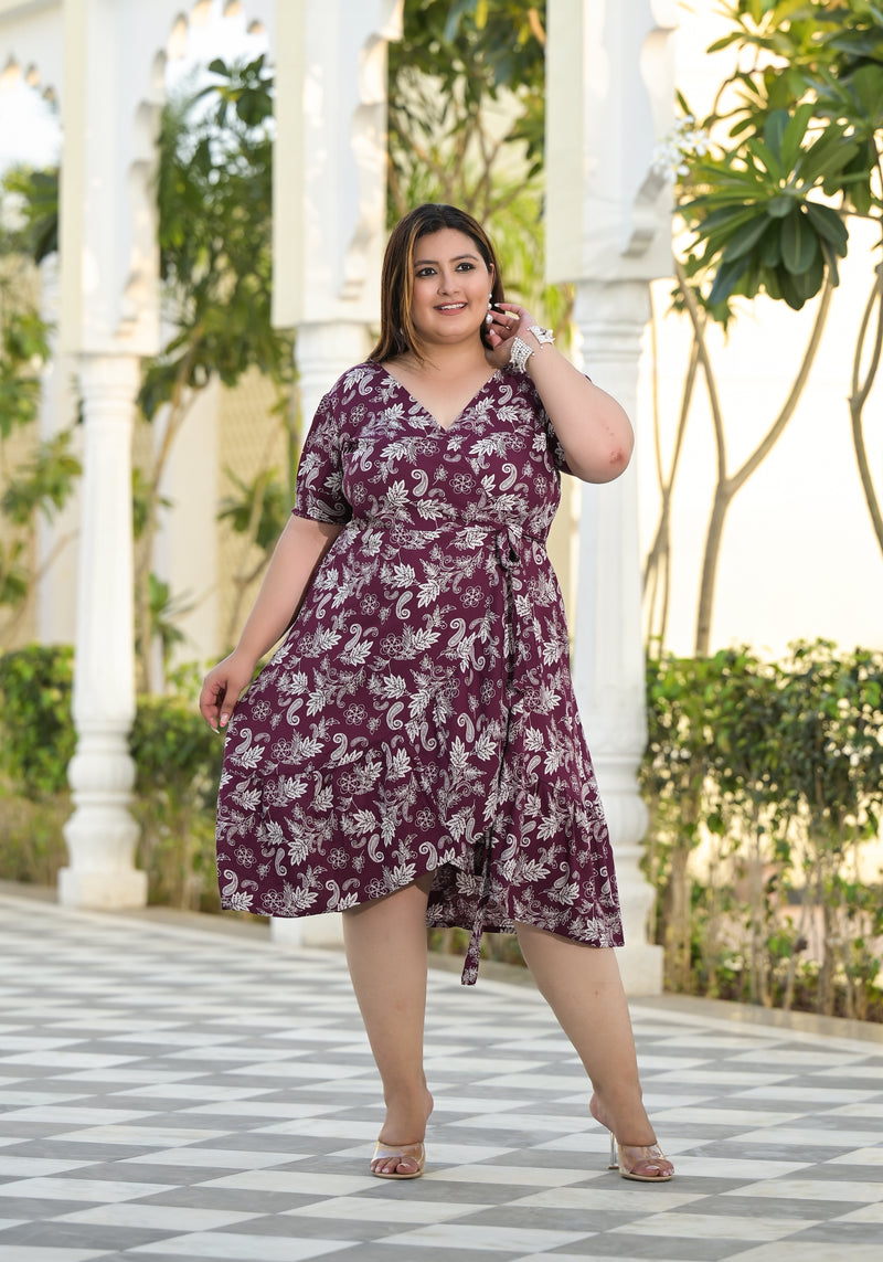 Maroon Rayon Printed V-Neck Dress (Plus Size)