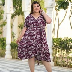 Maroon Rayon Printed V-Neck Dress (Plus Size)