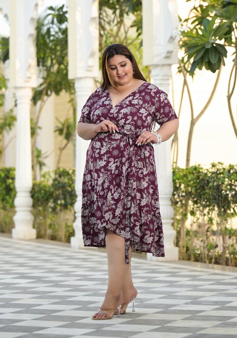 Maroon Rayon Printed V-Neck Dress (Plus Size)