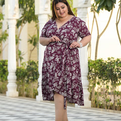 Maroon Rayon Printed V-Neck Dress (Plus Size)