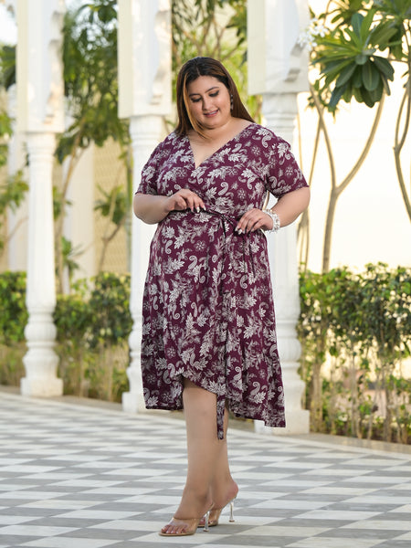 Maroon Rayon Printed V-Neck Dress (Plus Size)