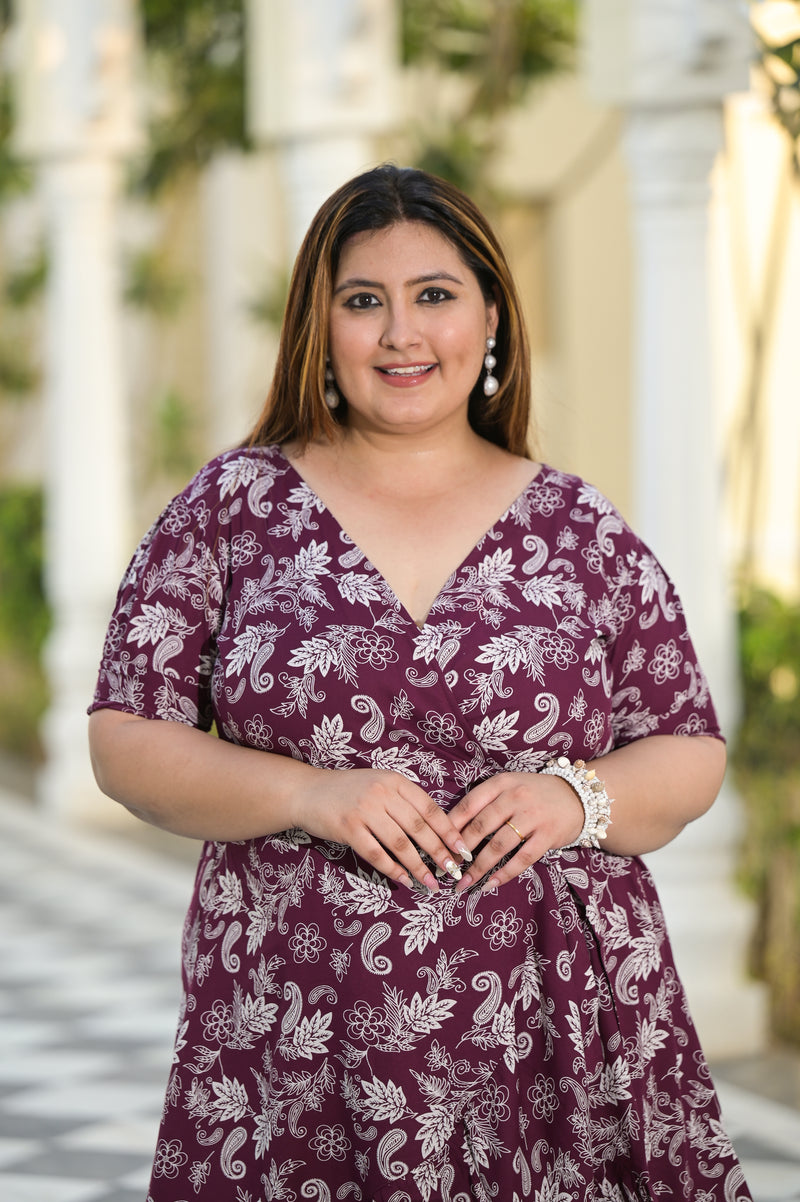Maroon Rayon Printed V-Neck Dress (Plus Size)