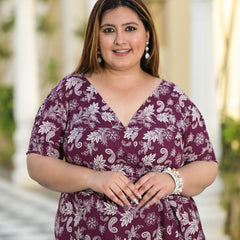 Maroon Rayon Printed V-Neck Dress (Plus Size)