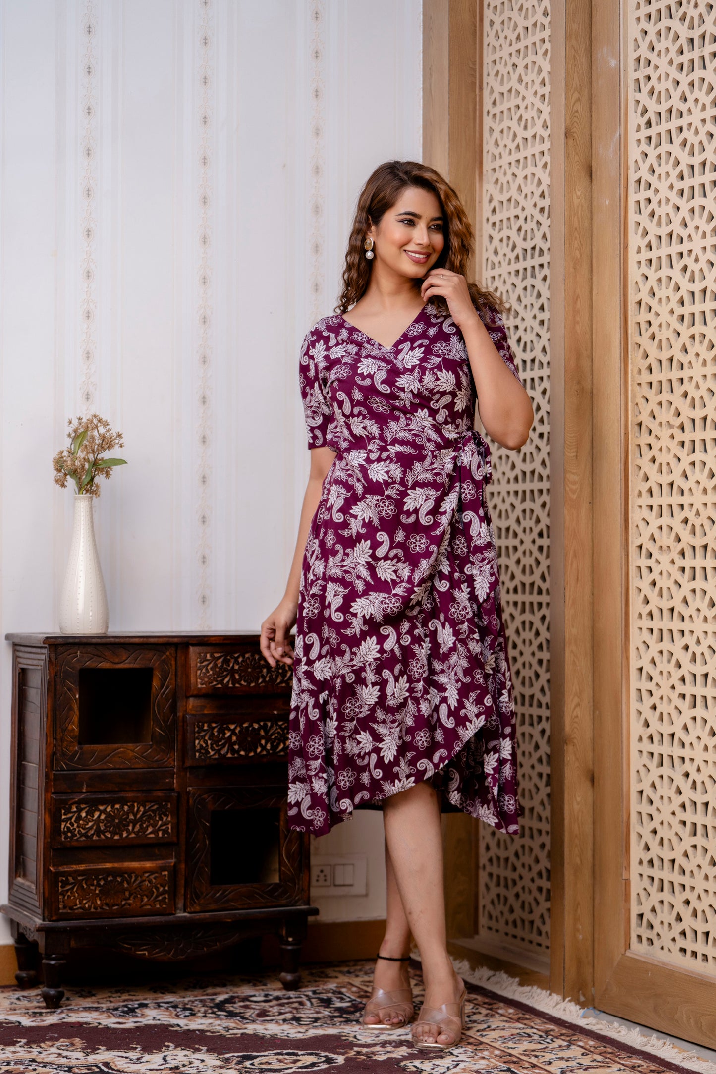 Maroon Blossom Midi Dress