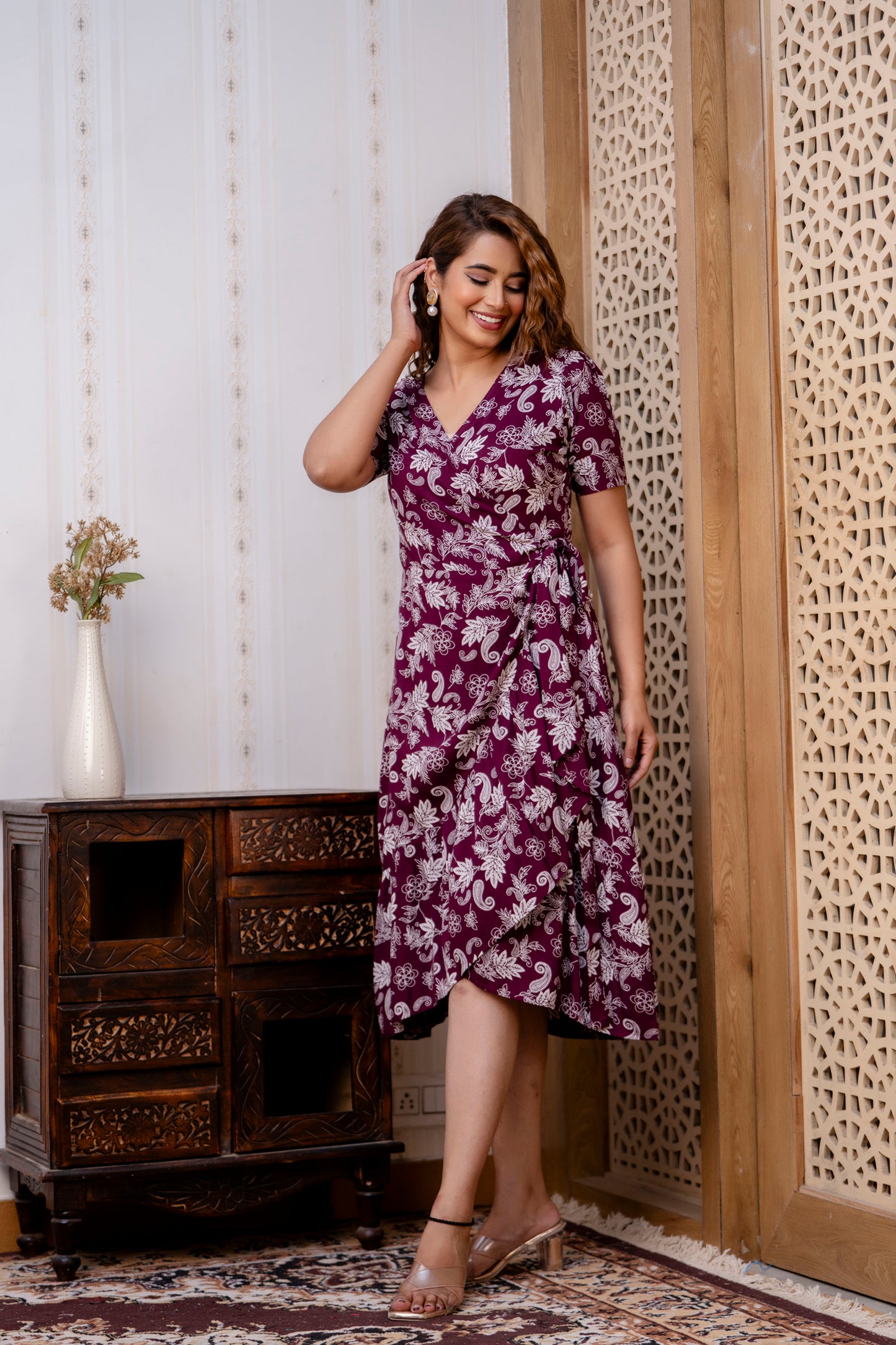 Maroon Blossom Midi Dress