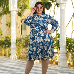 Royal Blue Rayon Printed Calf-Length Dress (Plus Size)