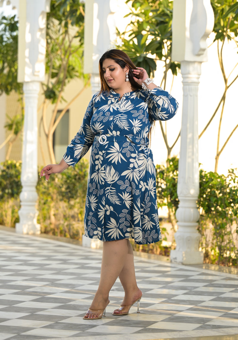 Royal Blue Rayon Printed Calf-Length Dress (Plus Size)