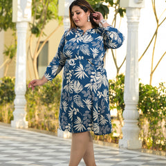 Royal Blue Rayon Printed Calf-Length Dress (Plus Size)