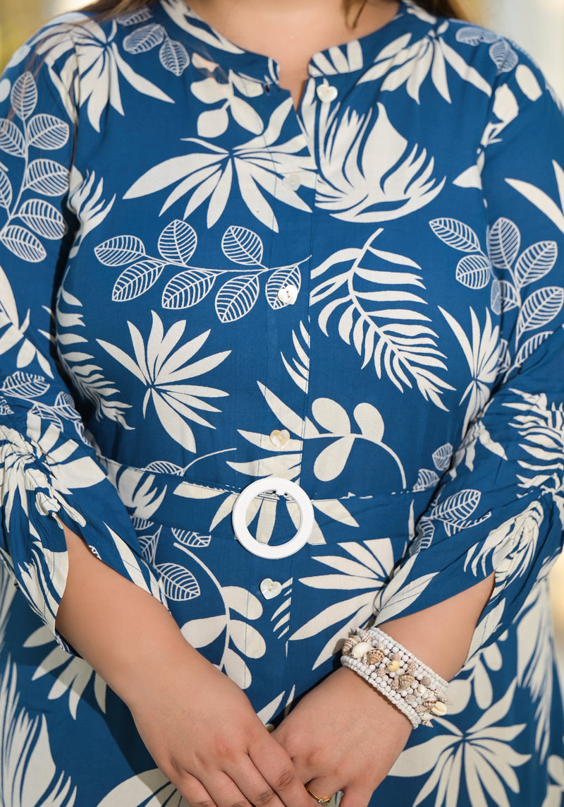 Royal Blue Rayon Printed Calf-Length Dress (Plus Size)