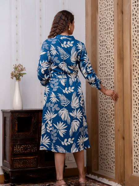 Rayon Royal Blue Floral Midi Dress