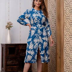 Rayon Royal Blue Floral Midi Dress