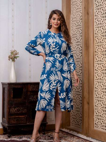 Rayon Royal Blue Floral Midi Dress