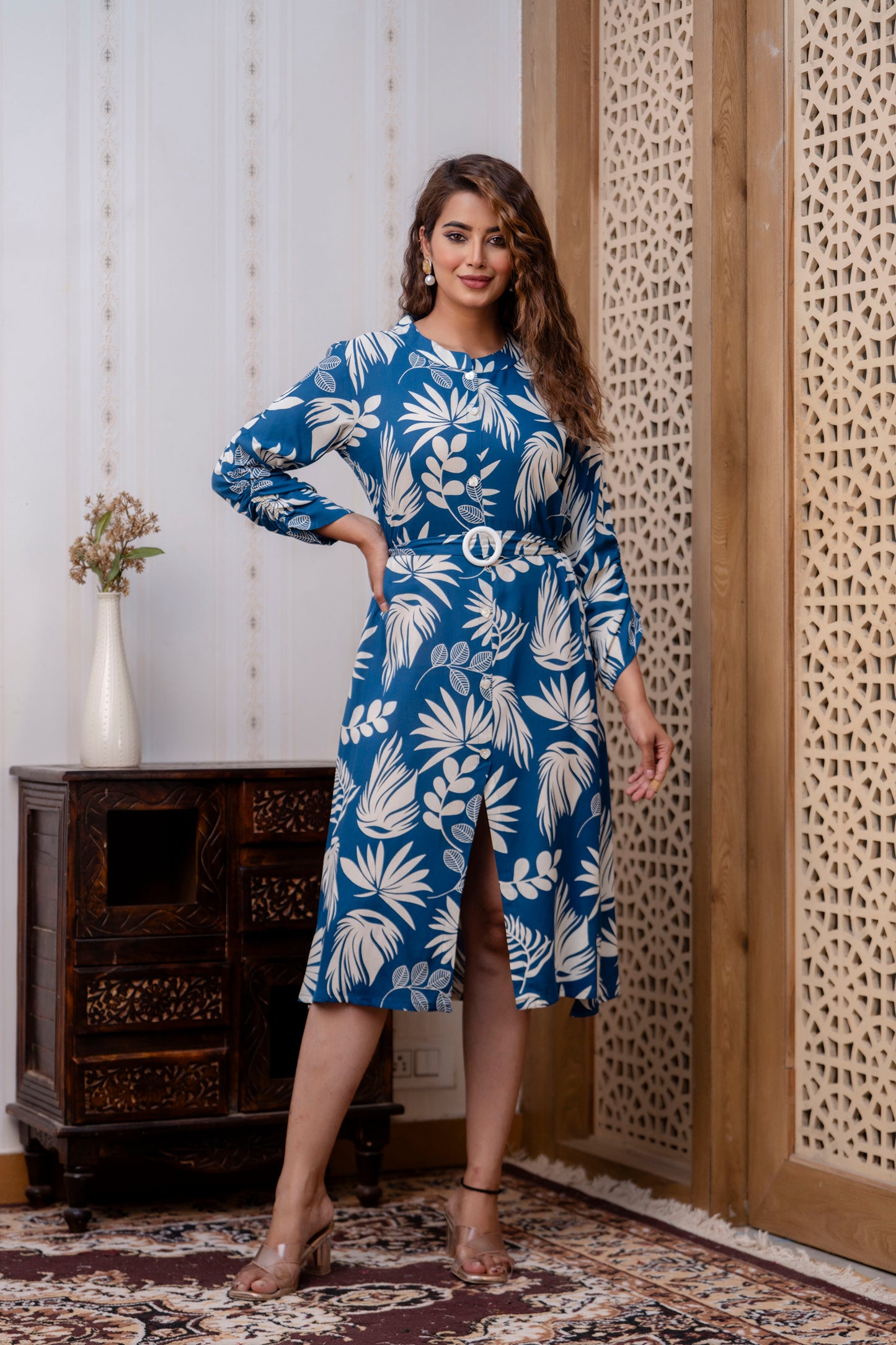 Rayon Royal Blue Floral Midi Dress