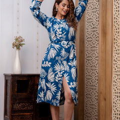 Rayon Royal Blue Floral Midi Dress