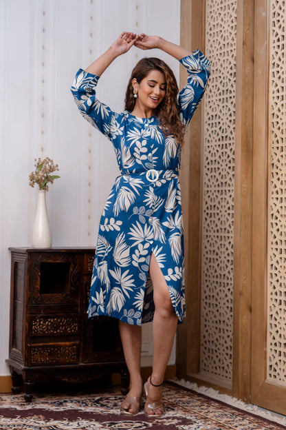 Rayon Royal Blue Floral Midi Dress