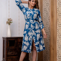 Rayon Royal Blue Floral Midi Dress