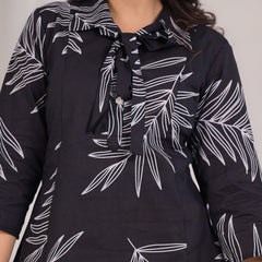 Black Cotton Co-Ord Set with White Leaf Prints