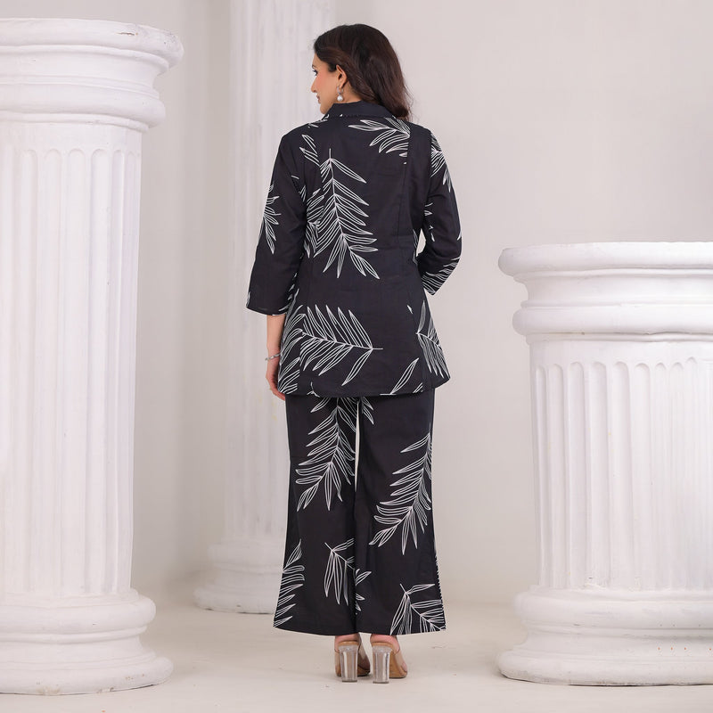 Black Cotton Co-Ord Set with White Leaf Prints