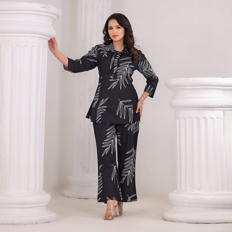 Black Cotton Co-Ord Set with White Leaf Prints