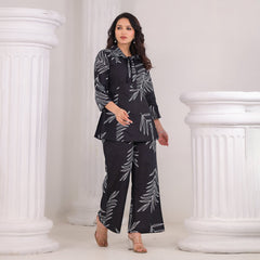 Black Cotton Co-Ord Set with White Leaf Prints
