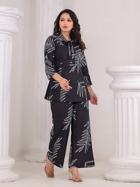 Black Cotton Co-Ord Set with White Leaf Prints