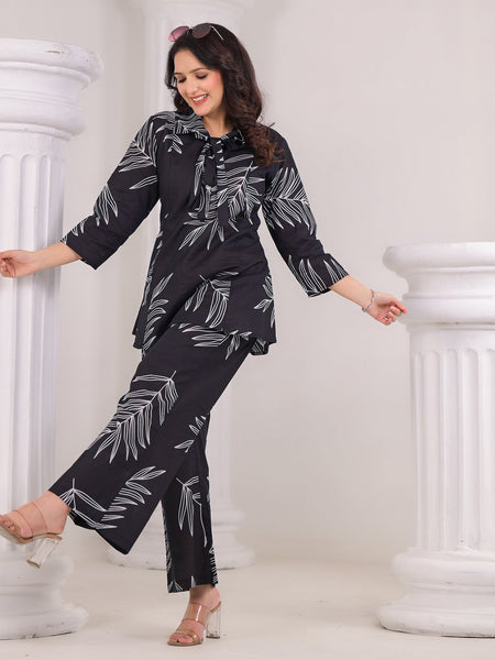 Black Cotton Co-Ord Set with White Leaf Prints