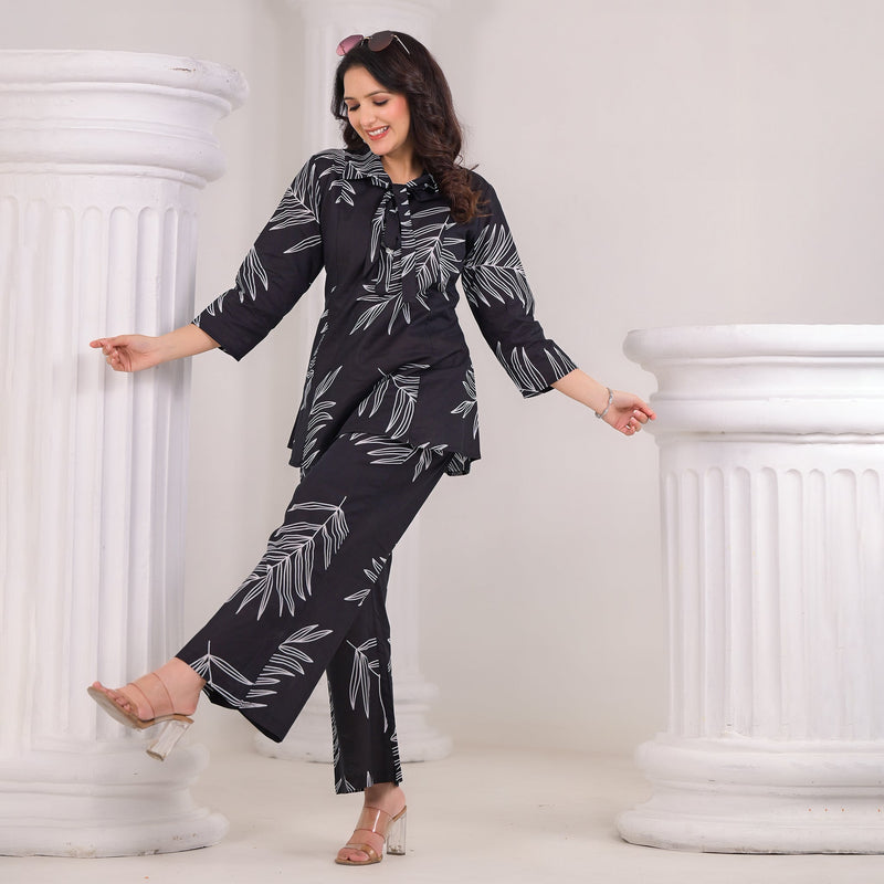 Black Cotton Co-Ord Set with White Leaf Prints