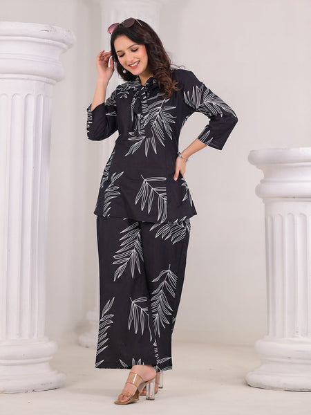 Black Cotton Co-Ord Set with White Leaf Prints