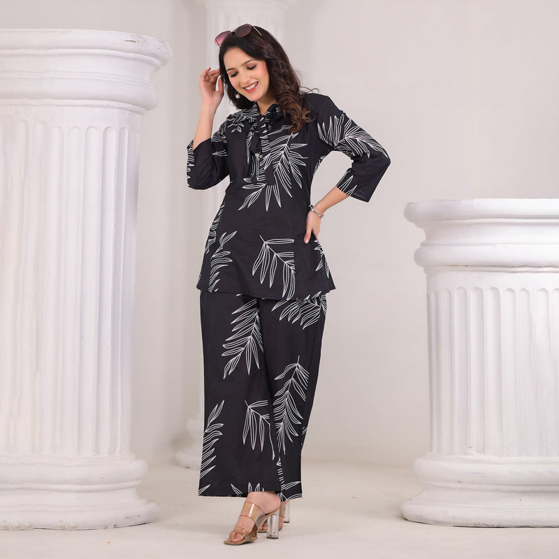 Black Cotton Co-Ord Set with White Leaf Prints