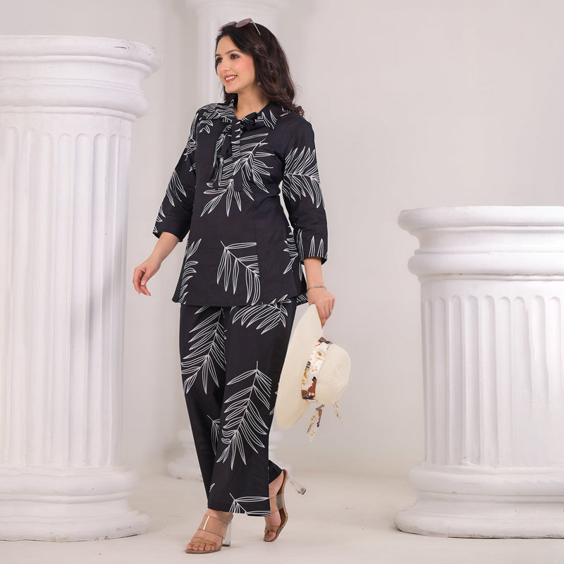 Black Cotton Co-Ord Set with White Leaf Prints