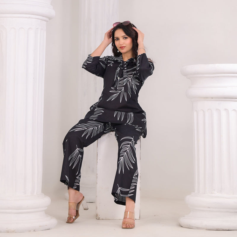 Black Cotton Co-Ord Set with White Leaf Prints
