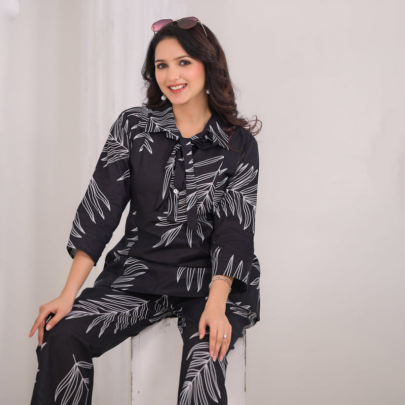 Black Cotton Co-Ord Set with White Leaf Prints