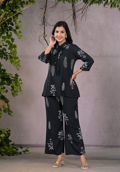 Chic Black Botanical Print Co-Ord Set