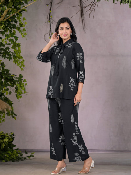 Chic Black Botanical Print Co-Ord Set