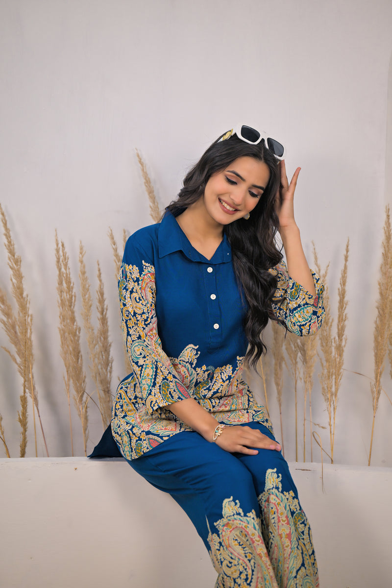 Blue Paisley Rayon Co-ord Set Sitting